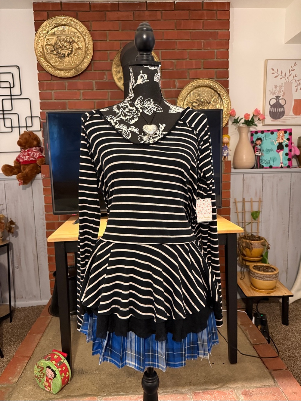 Free People Black and White Striped Peplum Long-Sleeve Top